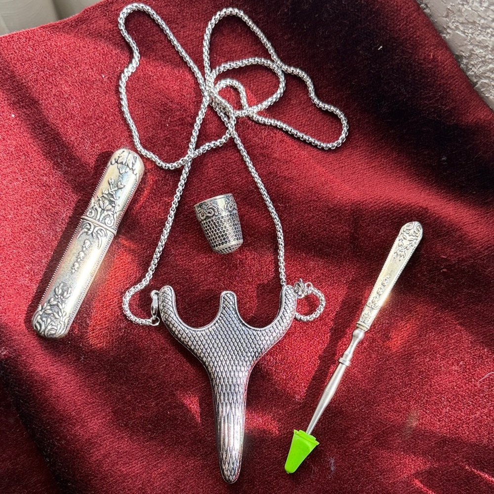 Sterling Silver Sewing Tool & Chatelaine Necklace Set - Silver